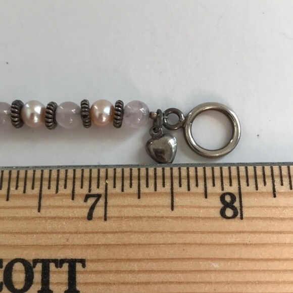 Vintage Handmade Mauve Pearls Rose Quartz Sterling Silver Charm Toggle Bracelet - Picture 9 of 9